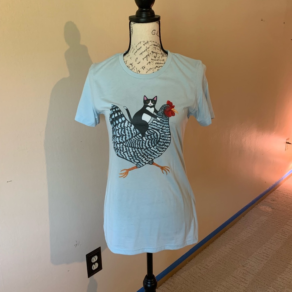 Light Blue T-Shirt with Cat and Chicken Graphic